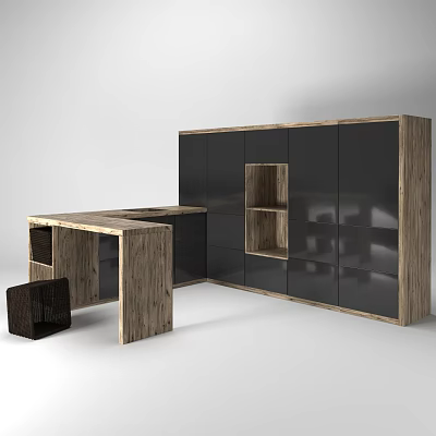 Modern Wooden Kitchen Cabinets With Black Panel And Open Shelves Countertop 3d model