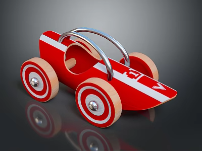 Children's Red Wooden Toy Car With Silver Handle And Decorative Wheels 3d model