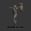 Game and Movie Character in Ornate Armor Holding Large Hammer on Hexagonal Platform