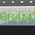 Glass Office Wall With Green BRAND Lettering And Hand-drawn Innovations Teamwork Icons