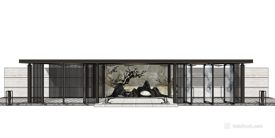 Traditional Chinese Landscape Pavilion With Wooden Grille Doors And Mountain Water Decor 3d model 