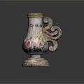 Vintage Vase Shaped Sculpture With Hand Painted Flowers And Curved Handle Base