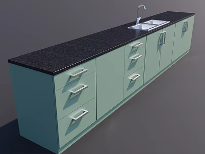 Elegant Kitchen Wall Cabinets Interior Design With Light Green Finish Black Countertop And Sink 3d model