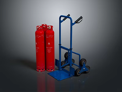 Two Red Gas Cylinders Together With Blue Wheeled Cylinder Transport Cart 3d model