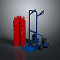 Two Red Gas Cylinders Together With Blue Wheeled Cylinder Transport Cart