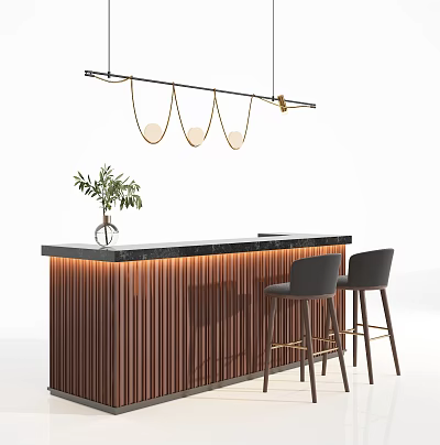 Modern Bar Counter With Black Countertop Vertical Slat Design Gray Stools Hanging Lights And Green Plant 3d model