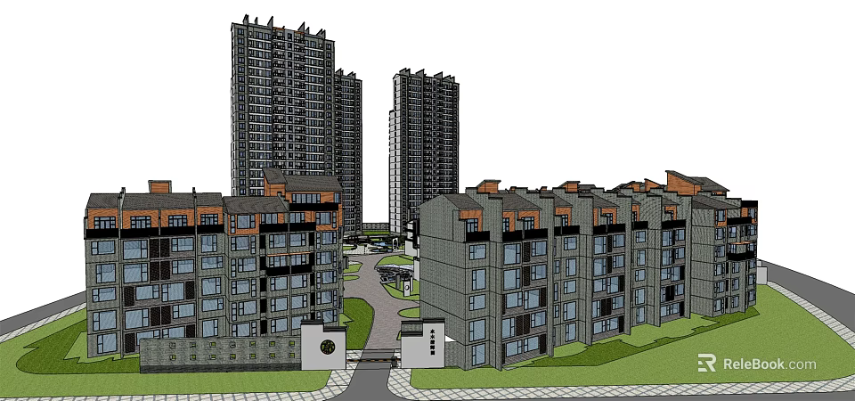 Residential Community Featuring High Rise And Low Rise Buildings Green Space And Entrance 3d model 