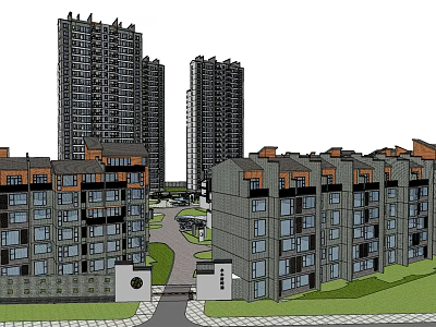 Residential Community Featuring High Rise And Low Rise Buildings Green Space And Entrance 3d model