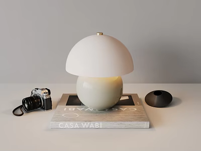 White Mushroom Table Lamp with Dome Shade on CASA WABI Slate Platform and Vintage Camera 3d model
