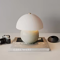 White Mushroom Table Lamp with Dome Shade on CASA WABI Slate Platform and Vintage Camera