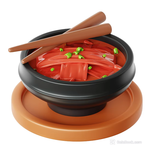 Red Noodles In Black Bowl With Green Garnish And Chopsticks On Orange Tray 3d model 