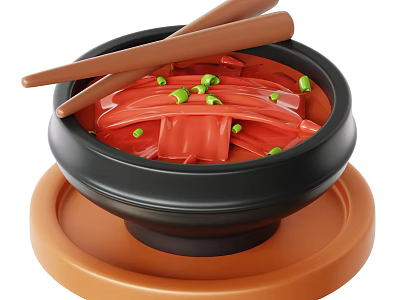 Red Noodles In Black Bowl With Green Garnish And Chopsticks On Orange Tray 3d model