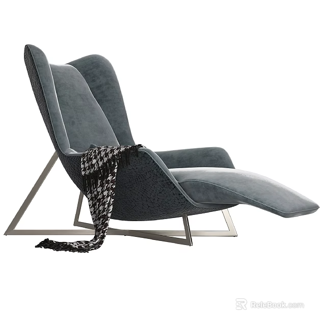 Modern Gray Chaise Lounge with Geometric Metal Frame and Patterned Blanket Draped Over Arm 3d model 