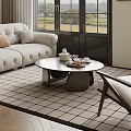 Elegant Modern Living Dining Room With Beige Sofa Chandelier Fireplace And Large Windows