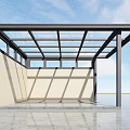 Modern Sunshade Structure With Metal Frame Glass Roof Beige Wall Tiled Floor And Blue Sky