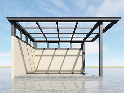 Modern Sunshade Structure With Metal Frame Glass Roof Beige Wall Tiled Floor And Blue Sky 3d model