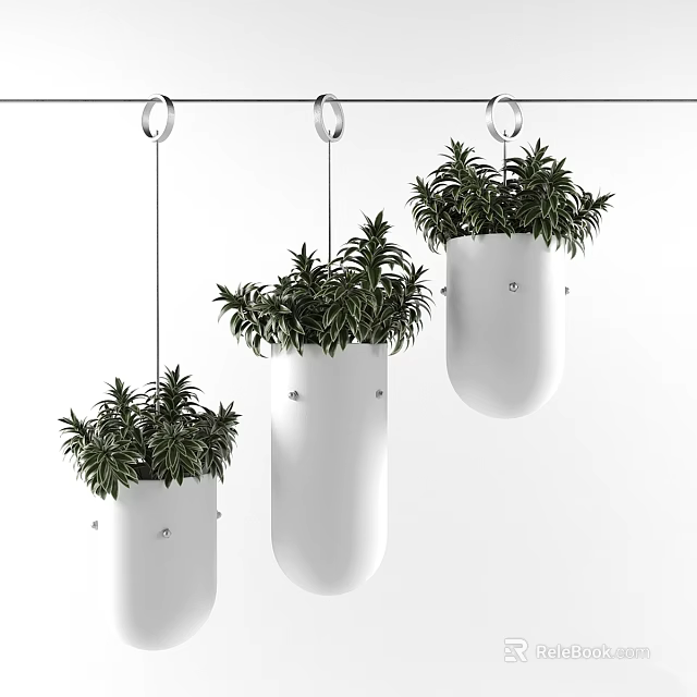 Modern Decorative Ornament Set with Hanging White Planters and Green Plants 3d model 