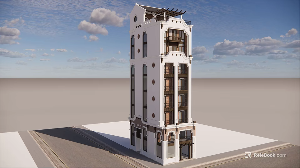 White Multi Story Office Building With Arched Windows And Roof Terrace Design 3d model 