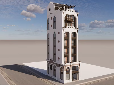 White Multi Story Office Building With Arched Windows And Roof Terrace Design 3d model