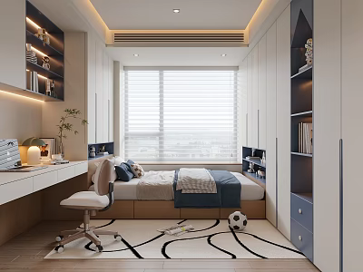 Tatami Bedroom Interior Design With Desk Chair Bookshelves Blinds And Storage Cabinets 3d model