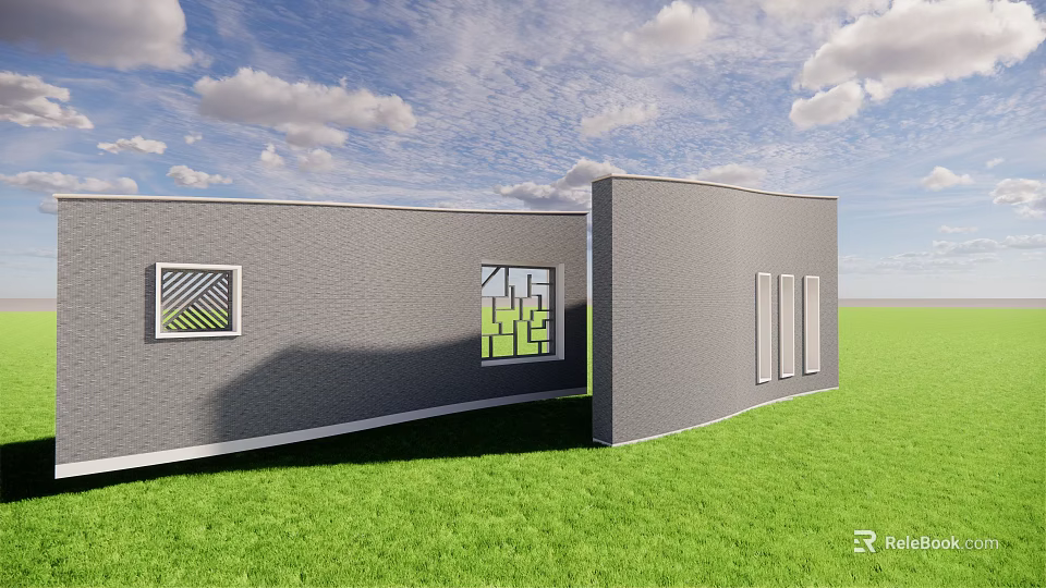 Modern Gray Feature Wall With Geometric Windows And Green Grass Background 3d model