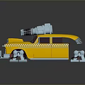 Yellow Modified Taxi Model With Roof Mechanical Parts Checker Pattern Large Wheels And Reflective Base