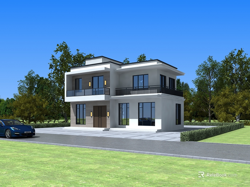 Modern Two Story Detached Villa With White Exterior Black Roof Green Lawn And Trees 3d model 
