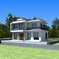 Modern Two Story Detached Villa With White Exterior Black Roof Green Lawn And Trees