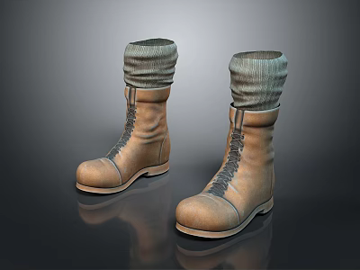 Brown Leather Boots With Laces And Gray Knitted Cuffs For Everyday Wear 3d model