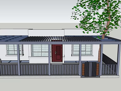 Charming Garden With Tree Porch Red Door And White House Windows 3d model