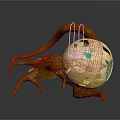 Wooden Art Sculpture With Planetary Sphere Insect Like Legs And Green Elements