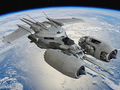 Futuristic Spaceship Flying Near Earth With Blue Planet Background In Outer Space 3d model
