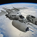Futuristic Spaceship Flying Near Earth With Blue Planet Background In Outer Space