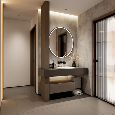 Modern Bathroom Interior With Round Mirror Concrete Vanity And Dried Flowers Arrangement 3d model