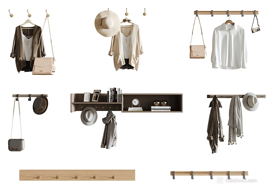 Wooden Wall Hooks with Shelf for Hanging Clothes Bags Hats and Scarves 3d model 