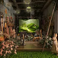 Natural Style Restaurant Interior With Green Plants Mushroom Decorations And Wooden Structure