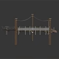 Decorative Wooden Platform With Posts Ropes And Dishes On Wooden Floor