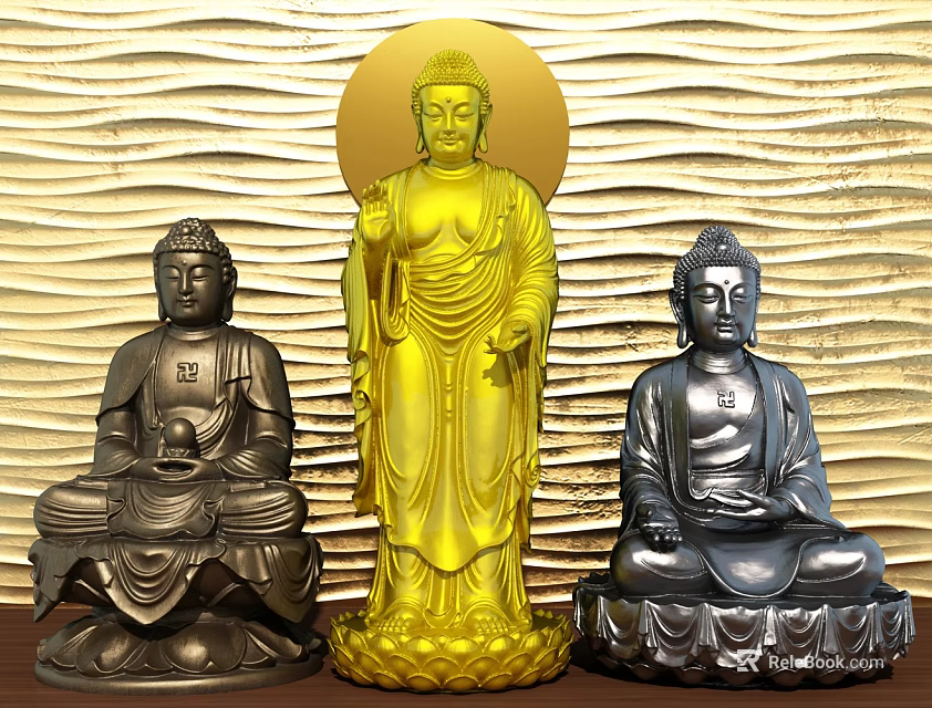Buddha Sculptures In Standing And Sitting Poses With Golden Metallic Finishes And Wavy Textured Backdrop 3d model 