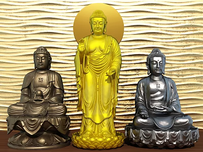 Buddha Sculptures In Standing And Sitting Poses With Golden Metallic Finishes And Wavy Textured Backdrop 3d model