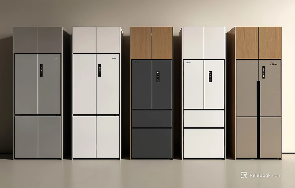 Modern Refrigerators With Different Colors And Styles Arranged In Row For Kitchen 3d model 