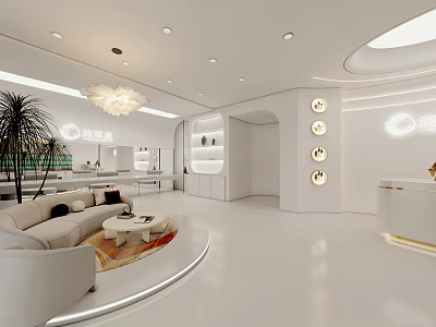 Elegant Modern Beauty Salon Interior With White Decor Sofa Green Plants And Counter Lights 3d model