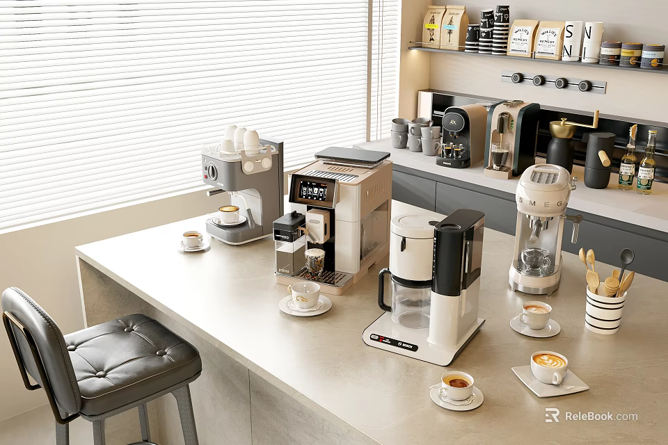 Daily Use Kitchen Appliances On Modern Countertop With Coffee Makers And Cups 3d model 