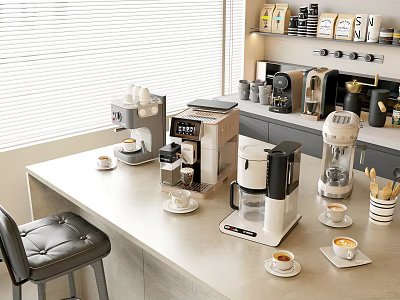 Daily Use Kitchen Appliances On Modern Countertop With Coffee Makers And Cups 3d model