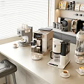 Daily Use Kitchen Appliances On Modern Countertop With Coffee Makers And Cups