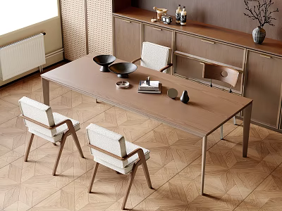 Modern Restaurant Interior With Wooden Dining Table White Chairs And Geometric Flooring 3d model