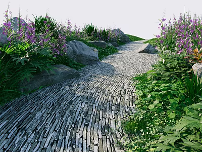 Waterfront Landscape With Stone Path Purple Flowers Green Plants And Rocks 3d model