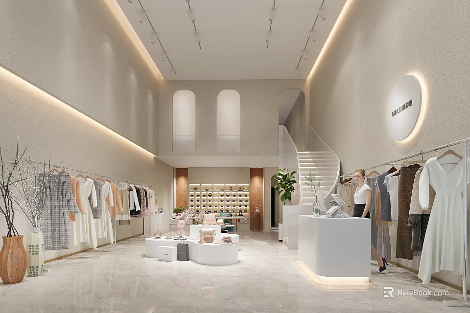 Modern Clothing Store Interior With Display Areas And Staircase 3d model