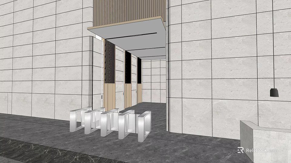 Modern Elevator Hallway Design With White Stone Walls Wooden Ceiling Accents And Sleek Entryway Finishes 3d model 