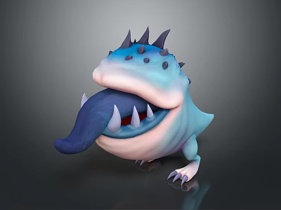 Cute Cartoon Blue Monster Character With Spiked Back Large Tongue And Sharp Teeth 3d model