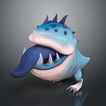 Cute Cartoon Blue Monster Character With Spiked Back Large Tongue And Sharp Teeth